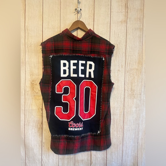 Handmade Coors “Beer 30” Cut-Off Flannel Vest Mens XL